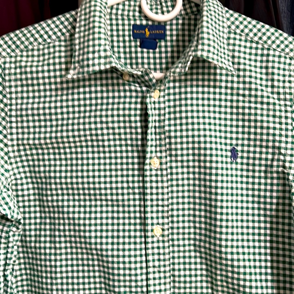 Boys green gingham polo button down (18/20)